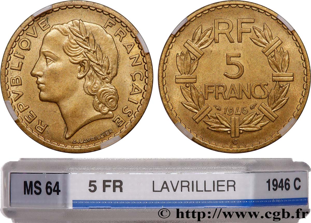 5 francs Lavrillier, bronze-aluminium 1946 Castelsarrasin F.337/8 MS64 GENI