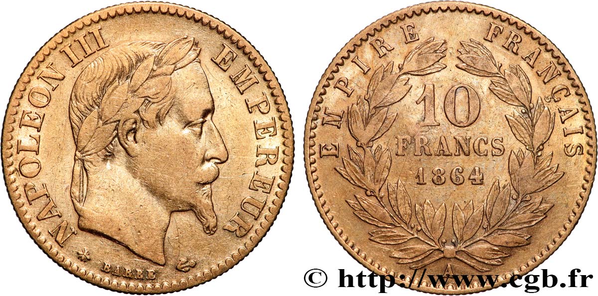 10 francs or Napoléon III, tête laurée, type définitif à grand 10 1864 Paris F.507A/6 TB 