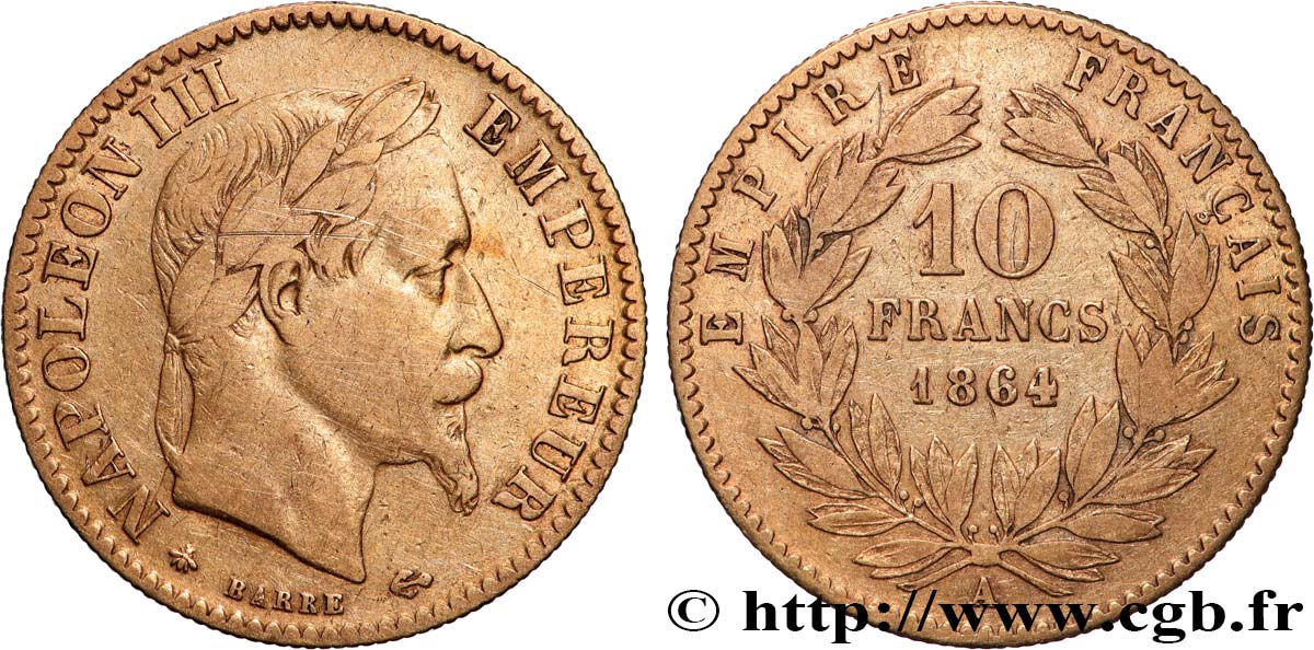 10 francs or Napoléon III, tête laurée, type définitif à grand 10 1864 Paris F.507A/6 TB 