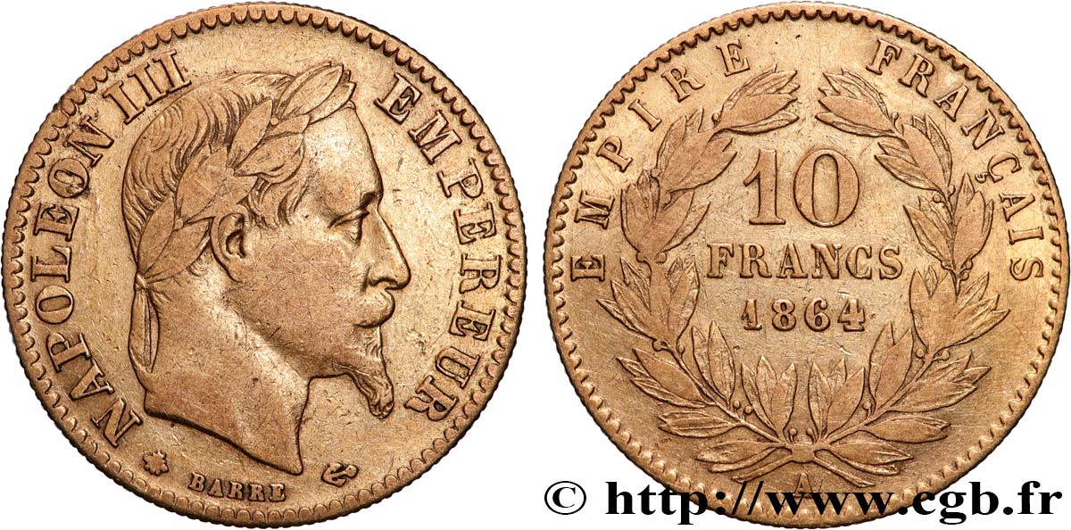 10 francs or Napoléon III, tête laurée, type définitif à grand 10 1864 Paris F.507A/6 TB 