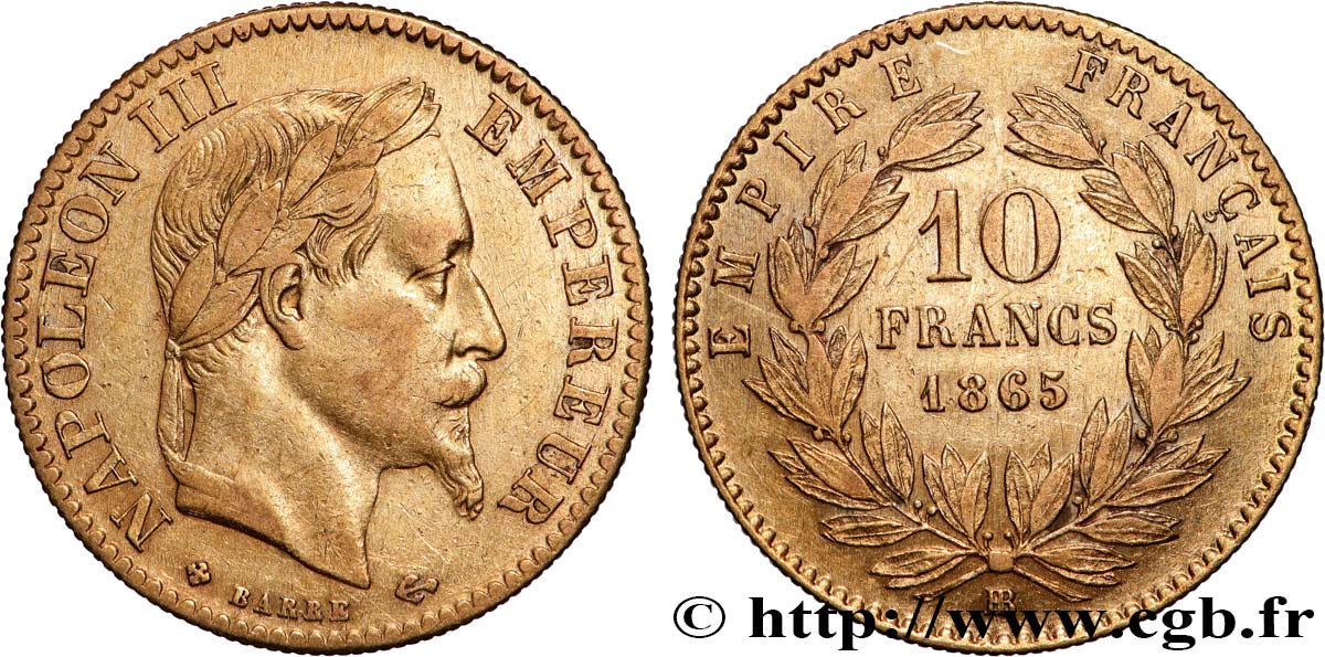 10 francs or Napoléon III, tête laurée 1865 Strasbourg F.507A/10 TB+ 