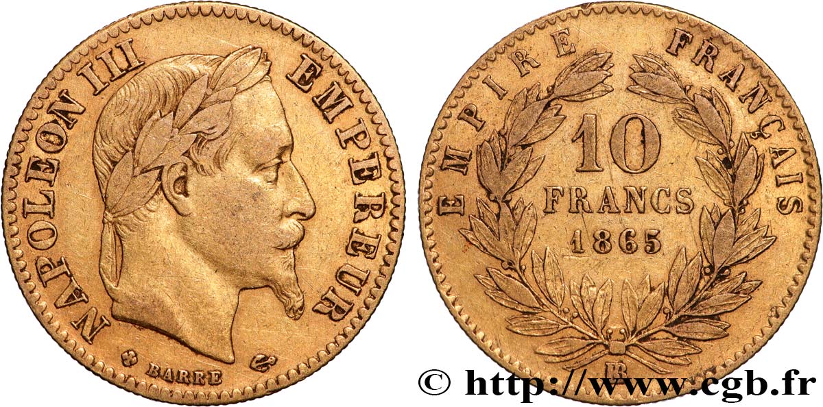 10 francs or Napoléon III, tête laurée, type définitif à grand 10, Grand BB 1865 Strasbourg F.507A/11 fSS 