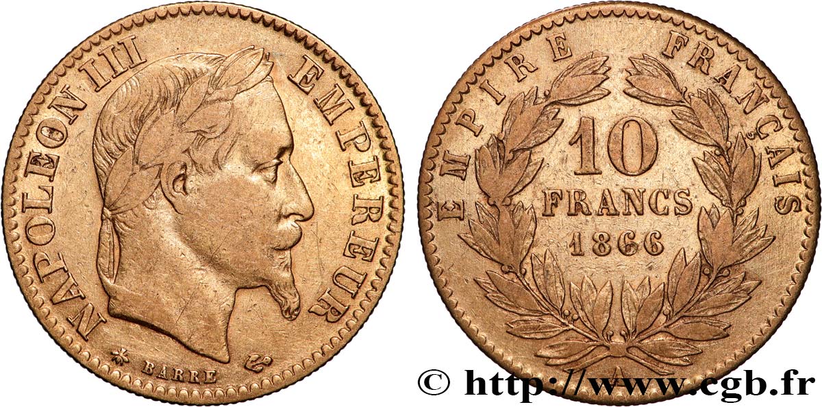 10 francs or Napoléon III, tête laurée 1866 Paris F.507A/12 S 