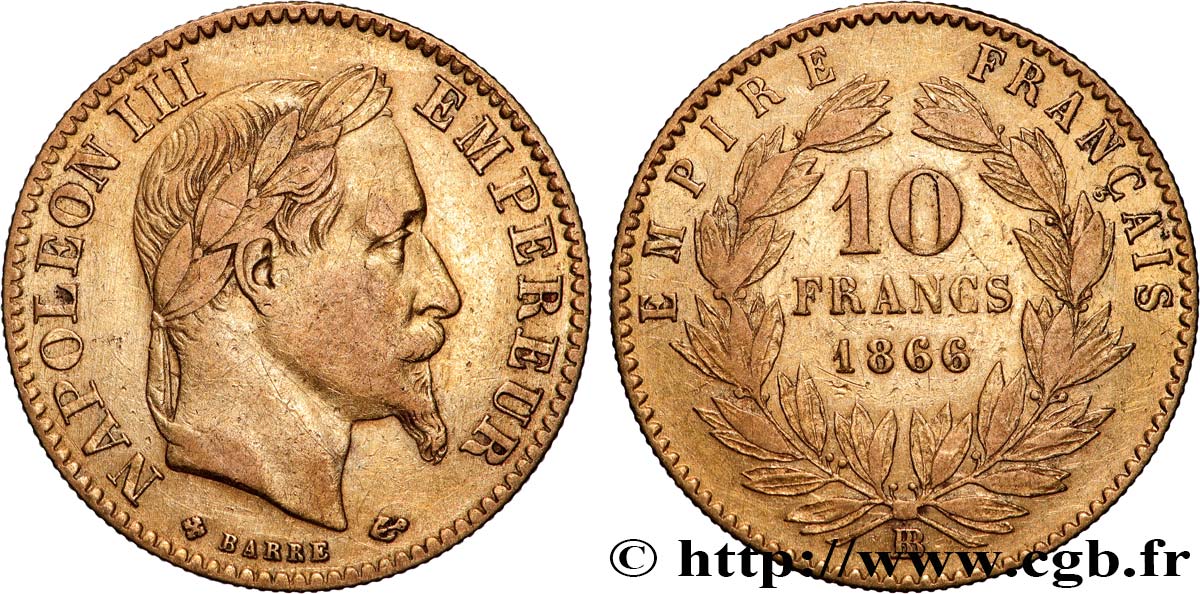 10 francs or Napoléon III, tête laurée 1866 Strasbourg F.507A/14 fSS 