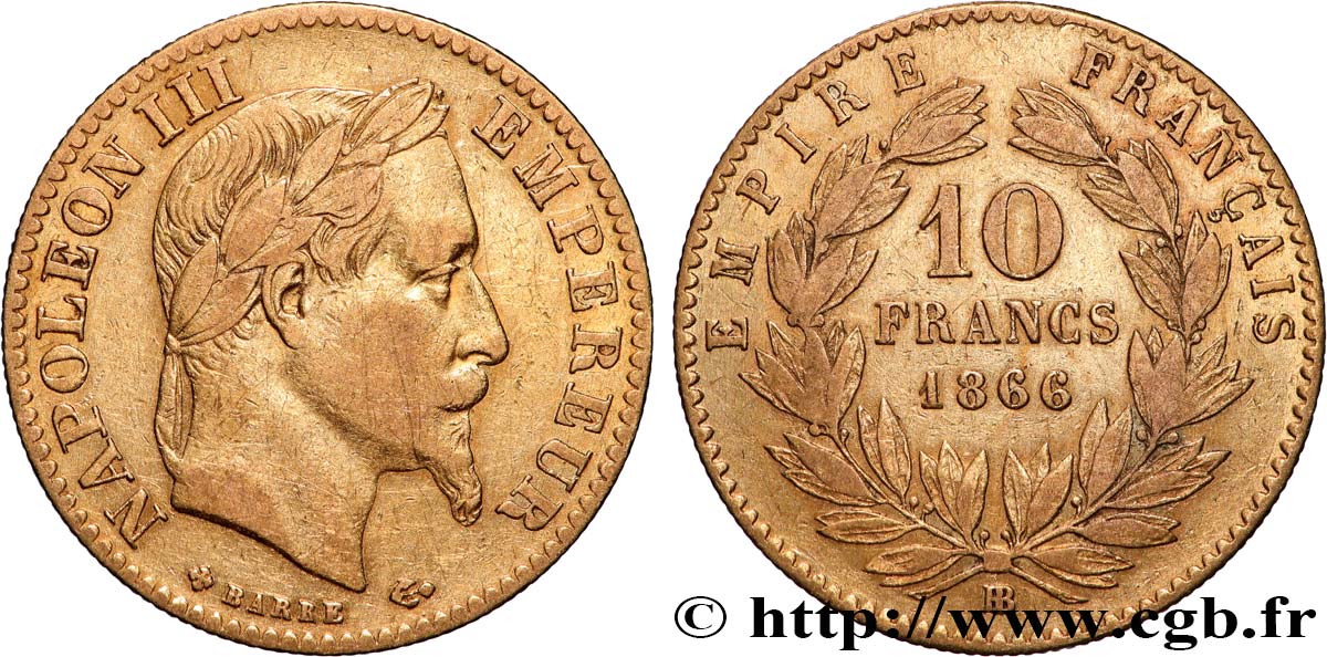 10 francs or Napoléon III, tête laurée 1866 Strasbourg F.507A/13 BC 