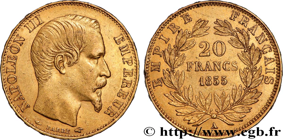 20 francs or Napoléon III, tête nue 1855 Paris F.531/3 MBC+ 