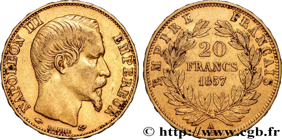 20 francs or Napoléon III, tête nue 1857 Paris F.531/12 SS 