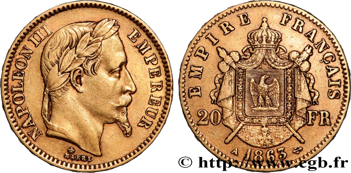 20 francs or Napoléon III, tête laurée 1863 Paris F.532/6 TTB 