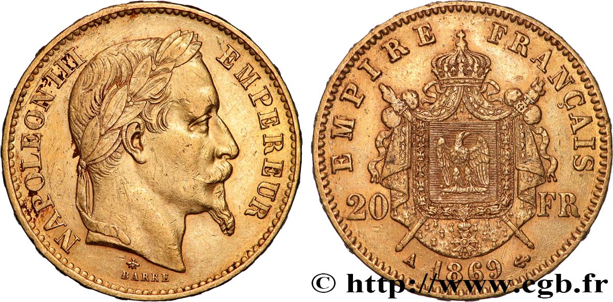 20 francs or Napoléon III, tête laurée 1869 Paris F.532/20 MBC+ 