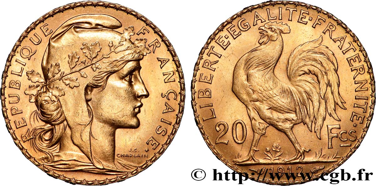 20 francs or Coq, Liberté Égalité Fraternité 1912 Paris F.535/6 EBC+ 