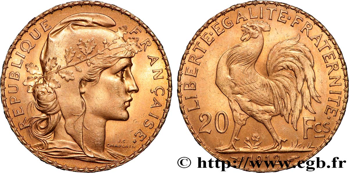 20 francs or Coq, Liberté Égalité Fraternité 1912 Paris F.535/6 SUP+ 