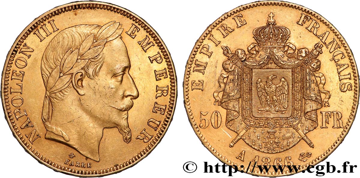 50 francs or Napoléon III, tête laurée 1866 Paris F.548/6 MBC+ 