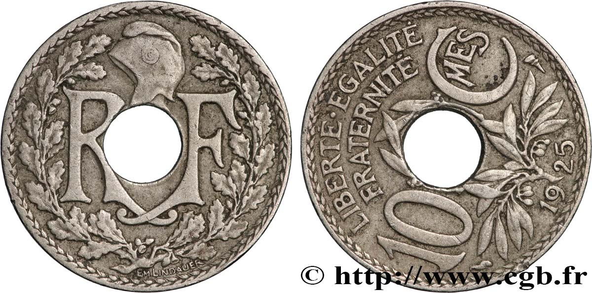 10 centimes Lindauer, Fauté Coins Tournés -11 min/-66° 1925  F.138/12 var. TB 