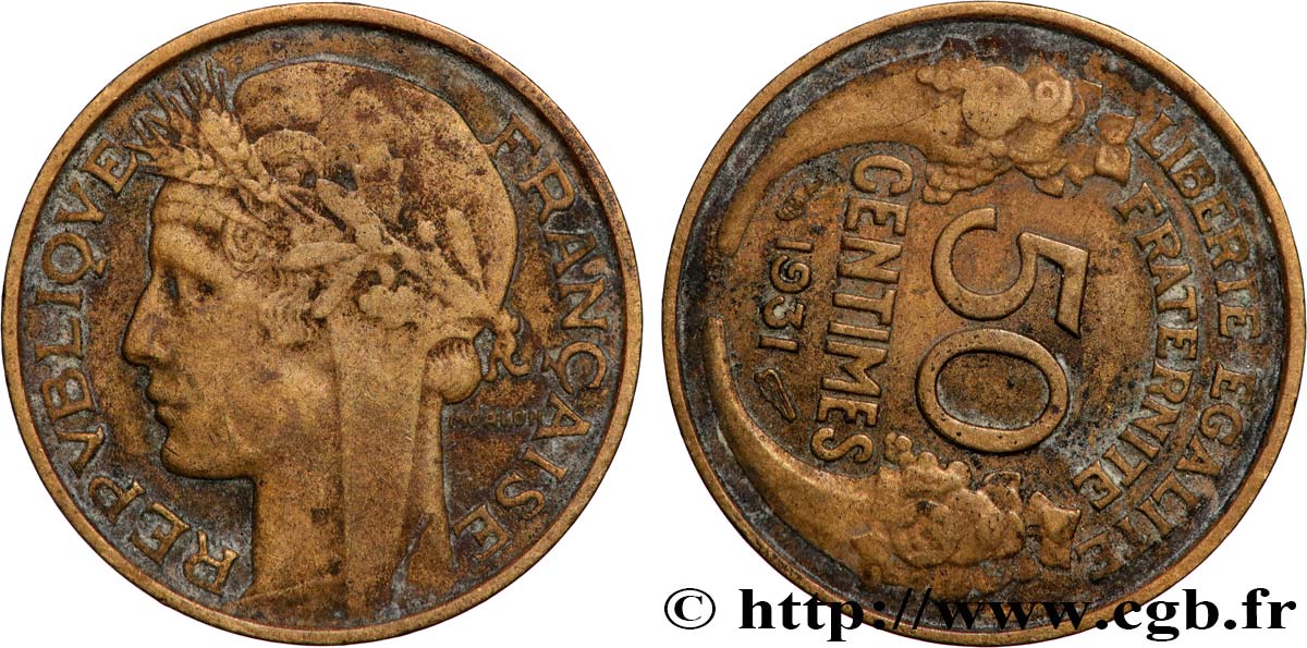 50 centimes Morlon, avec raisin sans fruit, Fauté Coins Tournés +13 min/+78° 1931  F.192/4 var. TB 