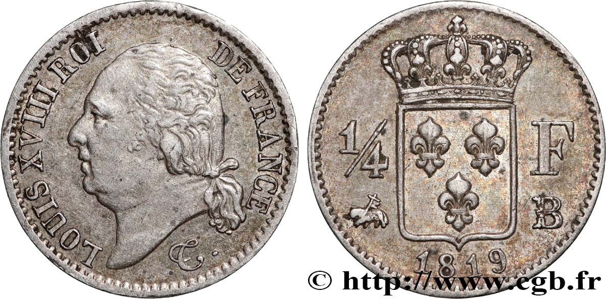 1/4 franc Louis XVIII 1819 Rouen F.163/16 TTB 