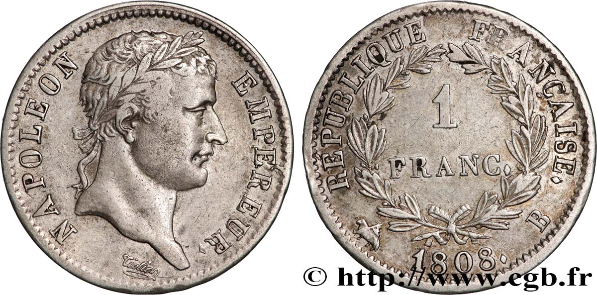 1 franc Napoléon Ier tête laurée, République française 1808 Rouen F.204/3 XF 