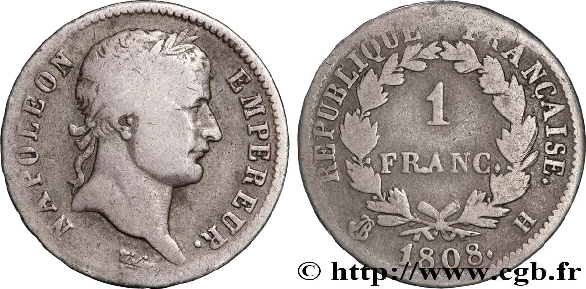 1 franc Napoléon Ier tête laurée, République française 1808 La Rochelle F.204/6 S15 