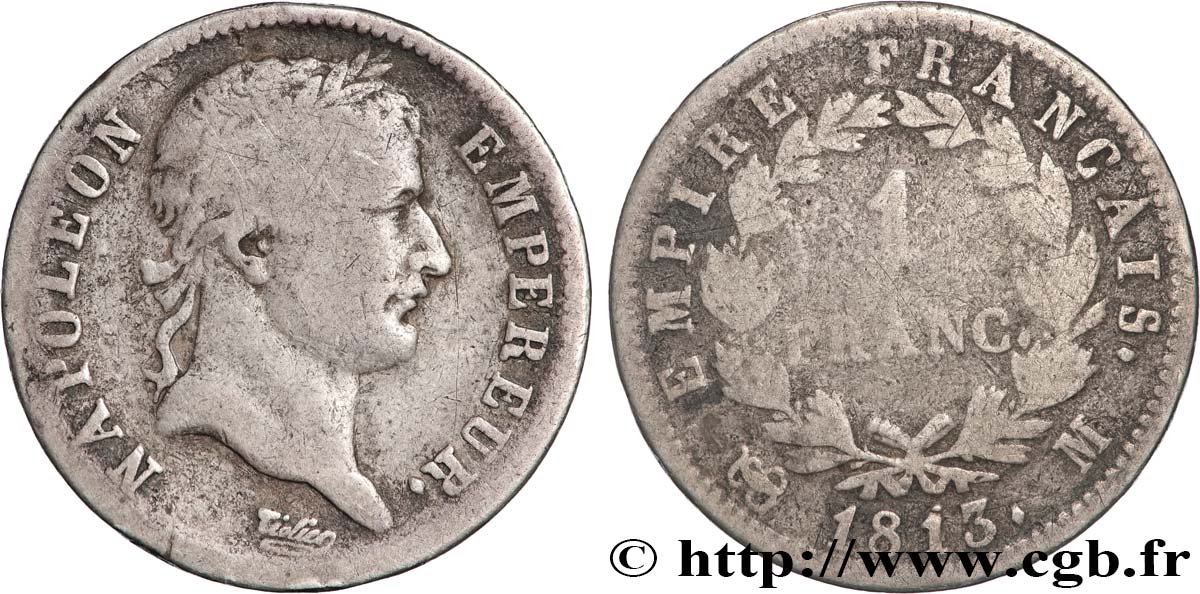 1 franc Napoléon Ier tête laurée, Empire français 1813 Toulouse F.205/66 TB15 