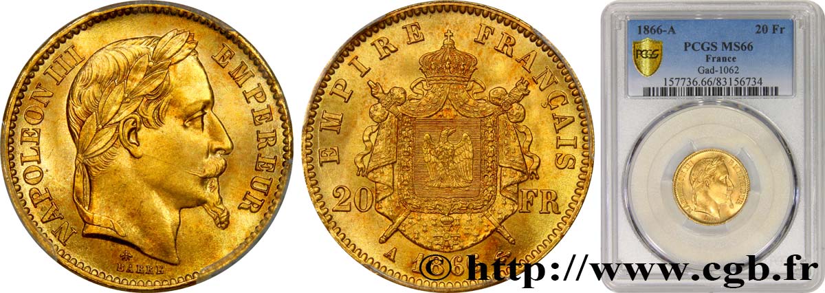 20 francs or Napoléon III, tête laurée 1866 Paris F.532/13 MS66 PCGS