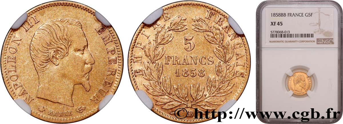 5 francs or Napoléon III, tête nue, grand module 1858 Strasbourg F.501/6 XF45 NGC