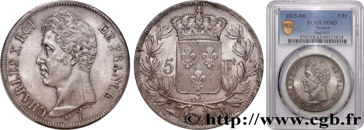 5 francs Charles X, 1er type 1825 Strasbourg F.310/5 SC63 PCGS