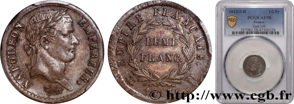 Demi-franc Napoléon Ier tête laurée, Empire français 1813 Lyon F.178/51 SUP58 PCGS