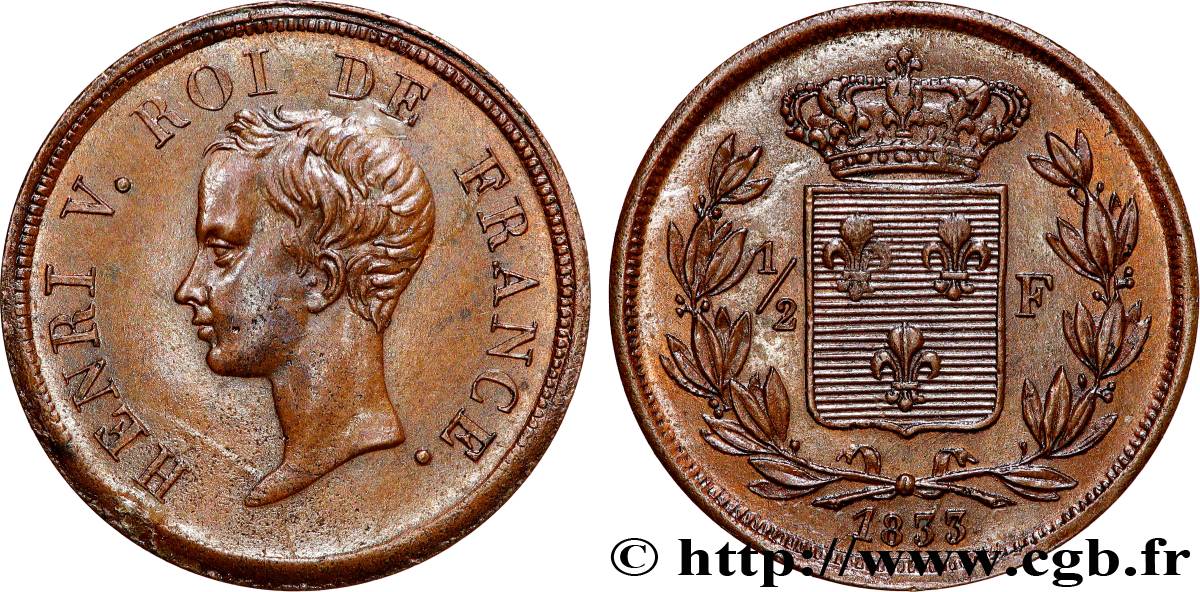 1/2 franc, buste juvénile, en bronze 1833  VG.2713 var. AU 