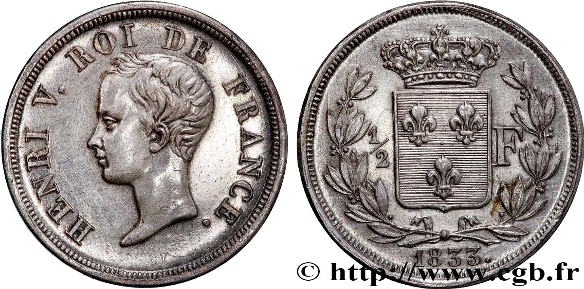 1/2 franc, buste juvénile 1833  VG.2713  SUP 