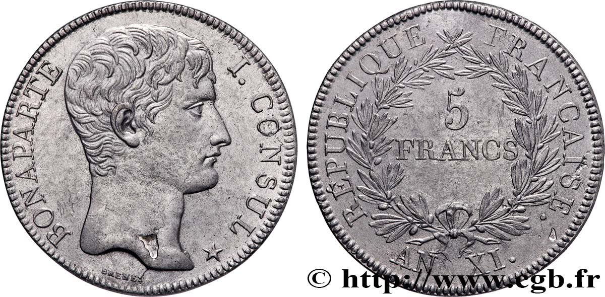 Reproduction de l’Épreuve de 5 francs de Brenet (2e tour) 1803 Paris T.T.1043 b.cop AU 
