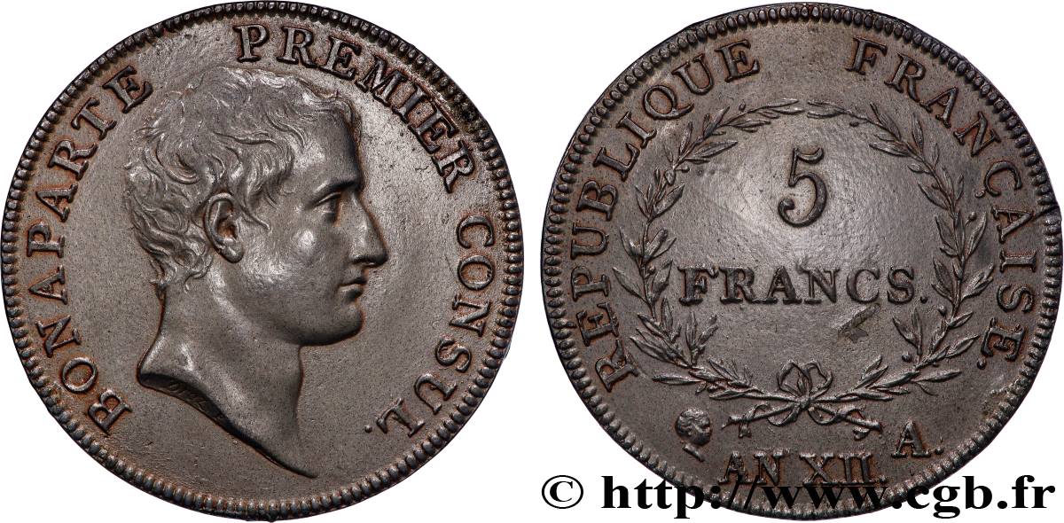 Reproduction de l’Épreuve de 5 francs de Droz (2e tour) 1804 Paris T.T.1044 b.cop SUP+ 