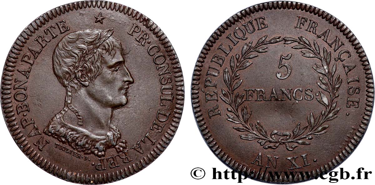 Reproduction en Plomb cuivré de l’Épreuve de 5 francs de Tiolier 1803 Paris T.T.1051 cop SUP 