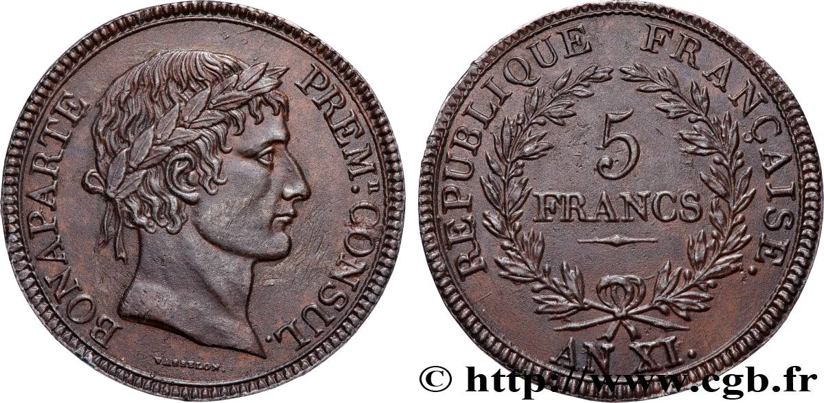 Reproduction en métal blanc bronzé de l’Épreuve de 5 francs de Vasselon 1803 Paris T.T.1052 cop SUP 