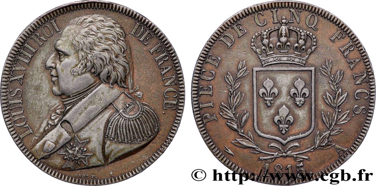 Reproduction de l’Épreuve de 5 francs par Droz, 2e type 1815 Paris T.T.2022 c.cop MS 