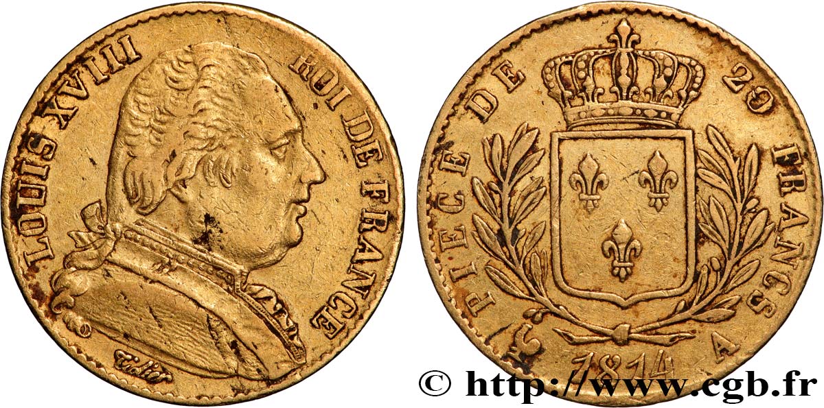 20 francs or Louis XVIII, buste habillé 1814 Paris F.517/2 MBC 