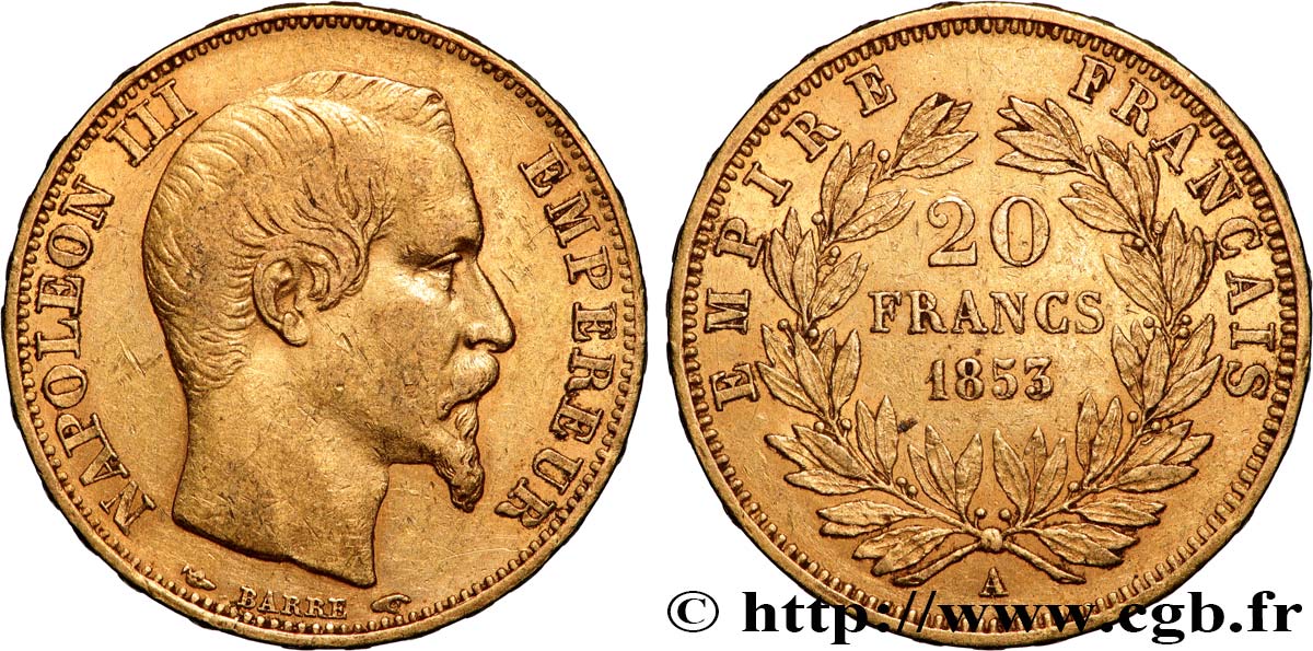 20 francs or Napoléon III, tête nue 1853 Paris F.531/1 MBC 