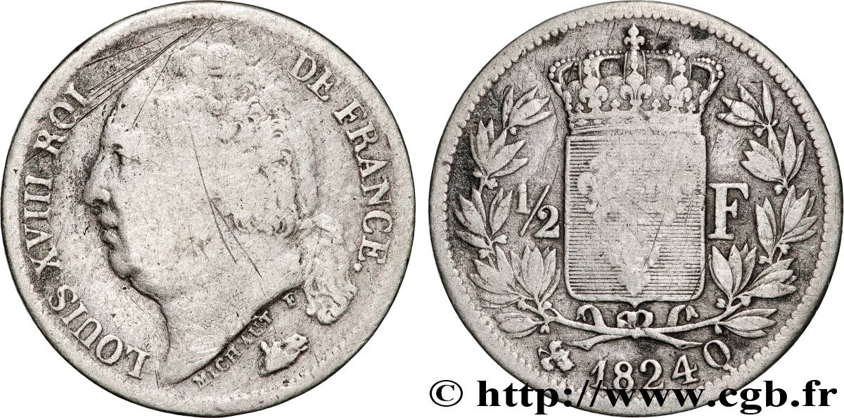 1/2 franc Louis XVIII 1824 Perpignan F.179/51 fS 