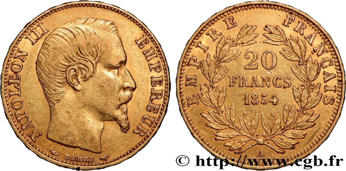 20 francs or Napoléon III, tête nue 1854 Paris F.531/2 MBC 