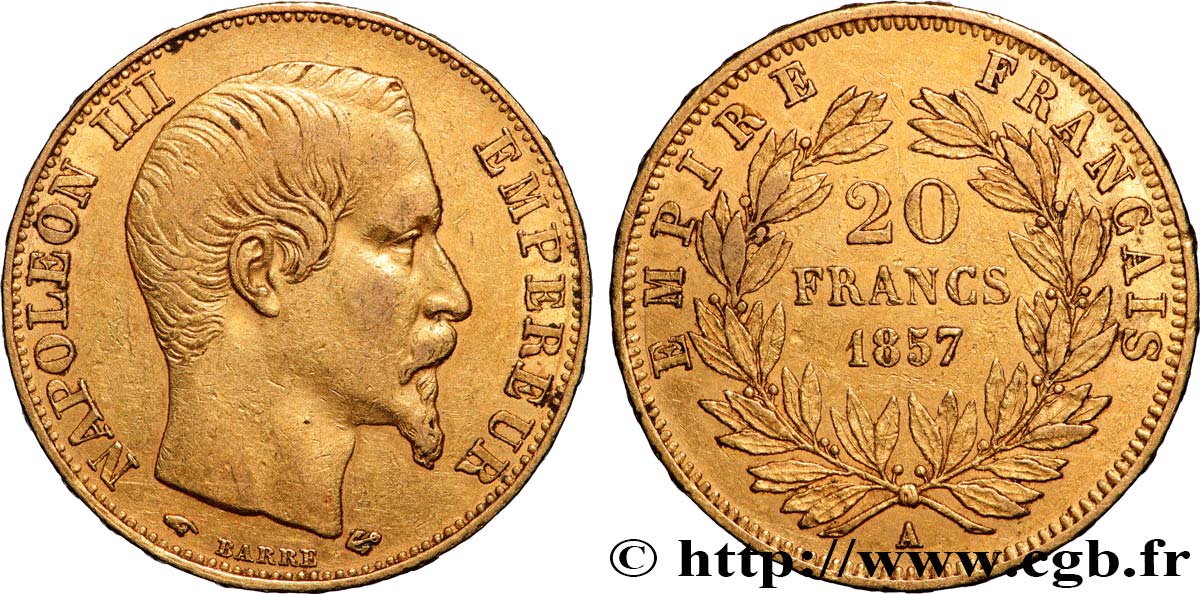 20 francs or Napoléon III, tête nue 1857 Paris F.531/12 BB 