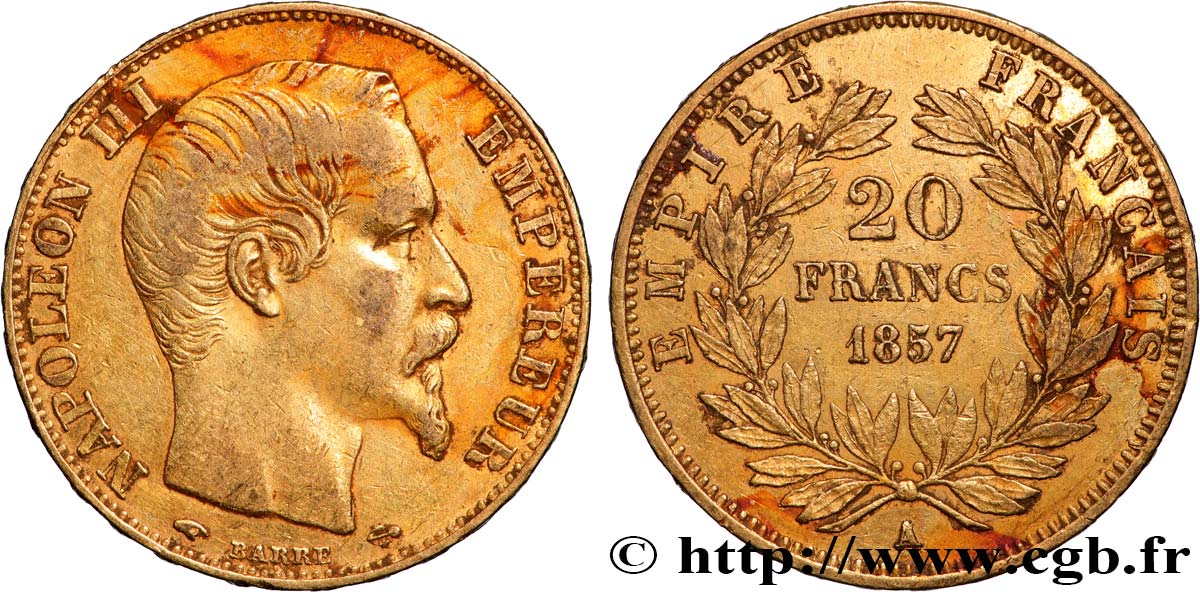 20 francs or Napoléon III, tête nue 1857 Paris F.531/12 fSS 