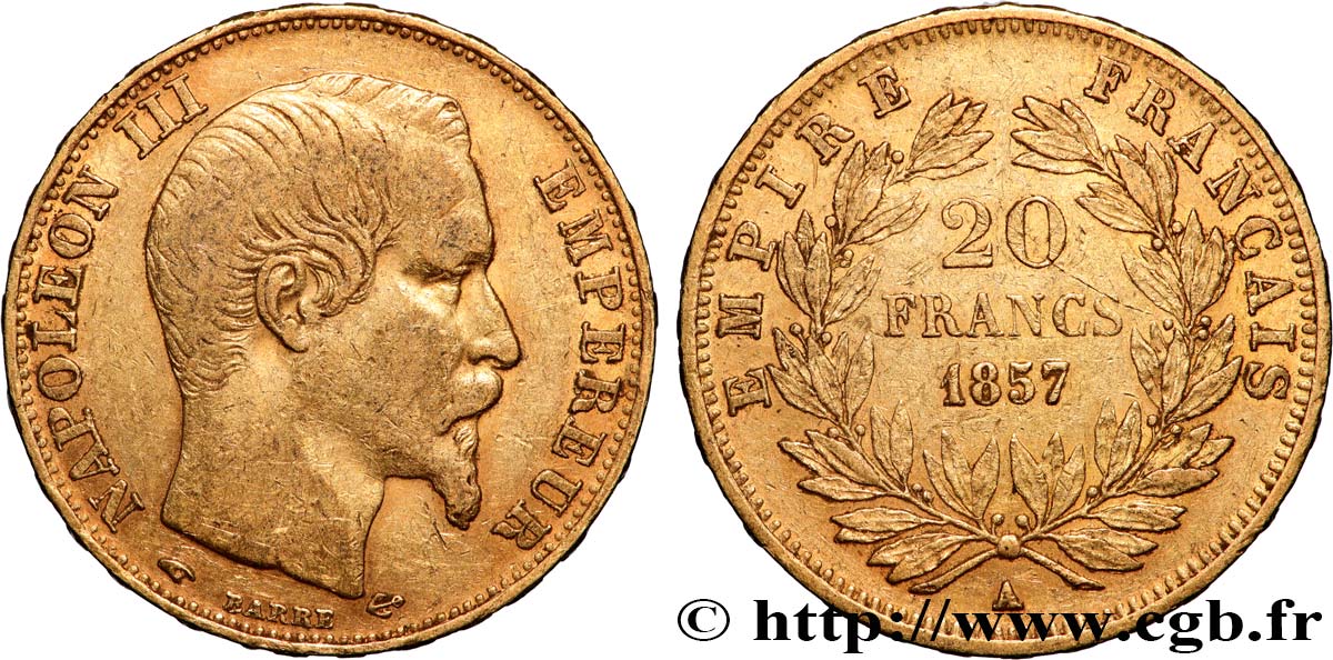 20 francs or Napoléon III, tête nue 1857 Paris F.531/12 BC+ 