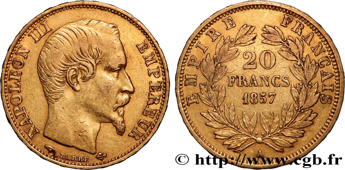 20 francs or Napoléon III, tête nue 1857 Paris F.531/12 MBC 