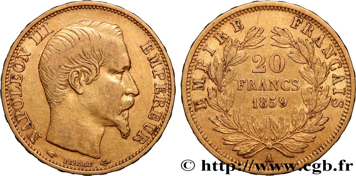 20 francs or Napoléon III, tête nue 1859 Paris F.531/15 fSS 