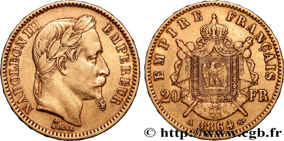 20 francs or Napoléon III, tête laurée 1864 Paris F.532/8 TB+ 