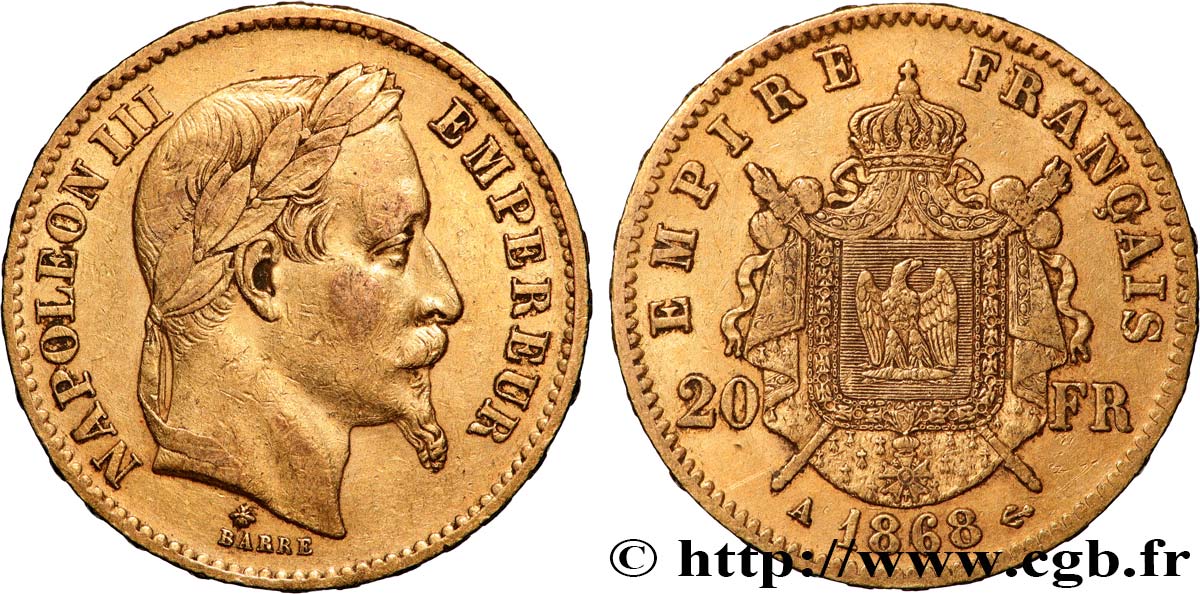 20 francs or Napoléon III, tête laurée 1868 Paris F.532/18 SS 