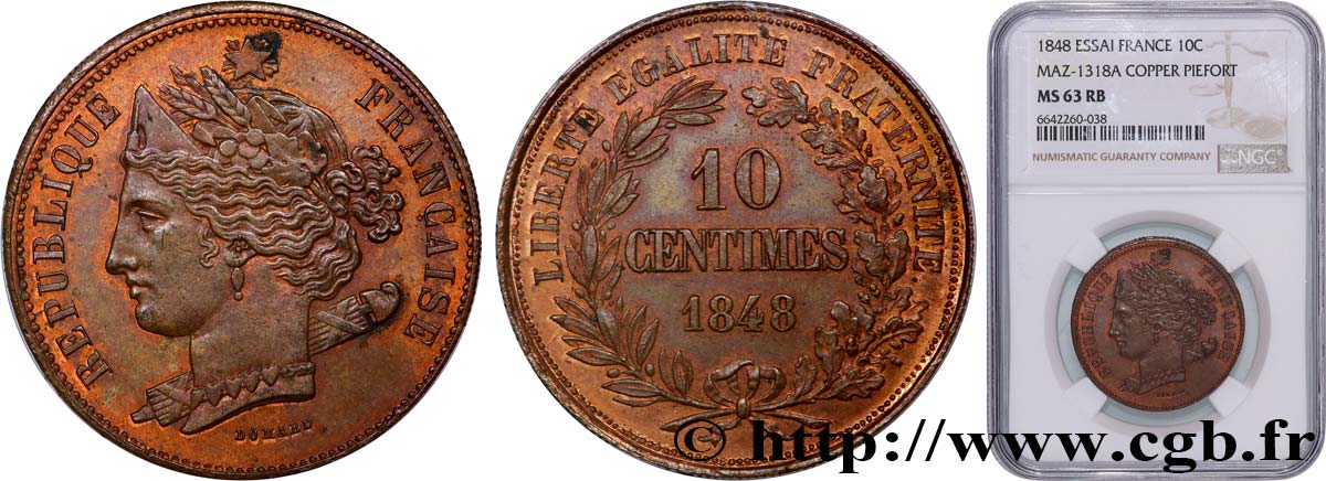 Concours de 10 centimes, piéfort de Domard, premier revers, tranche inscrite 1848 Paris VG.3138 var. SC63 NGC