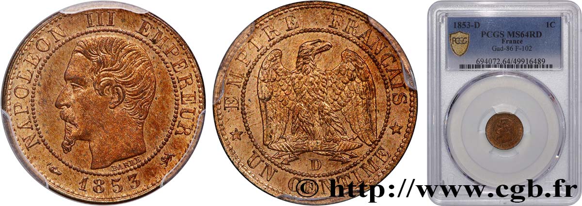 Un centime Napoléon III, tête nue 1853 Lyon F.102/4 MS64 PCGS