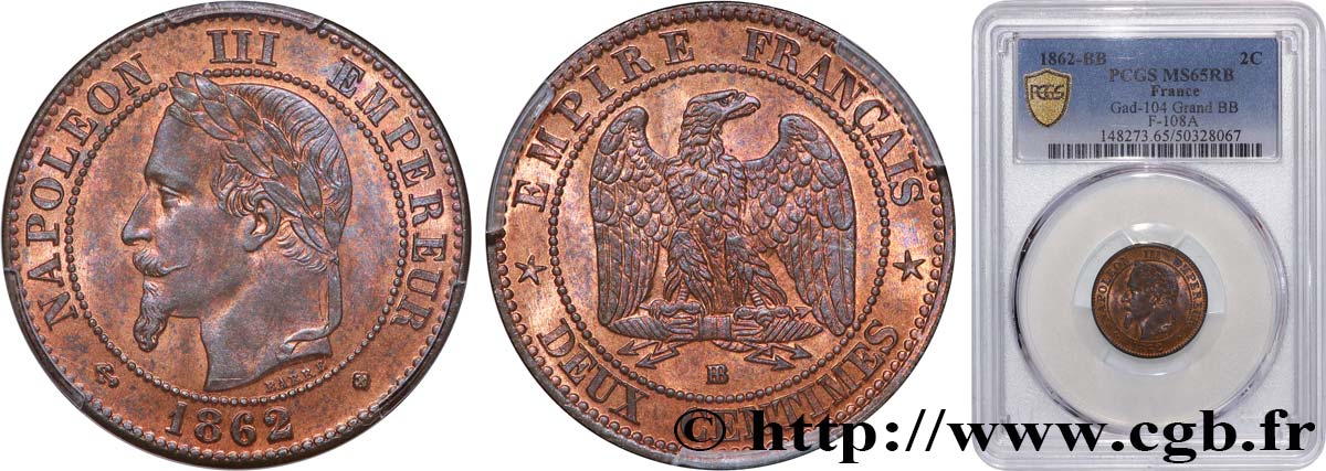 Deux centimes Napoléon III, tête laurée 1862 Strasbourg F.108A/6 MS65 PCGS