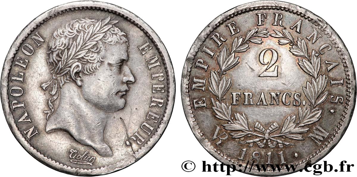 2 francs Napoléon Ier tête laurée, Empire français 1811 Marseille F.255/33 fVZ 