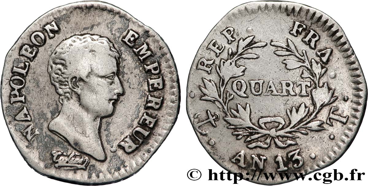 Quart (de franc) Napoléon Empereur, Calendrier révolutionnaire 1805 Nantes F.158/16 TB 
