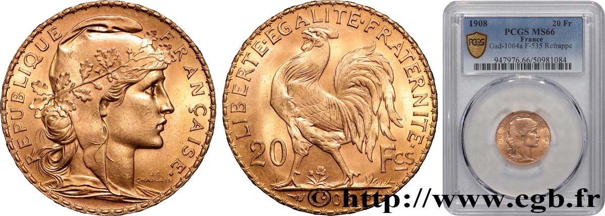 20 francs or Coq, Liberté Égalité Fraternité 1908 Paris F.535/2 MS66 PCGS